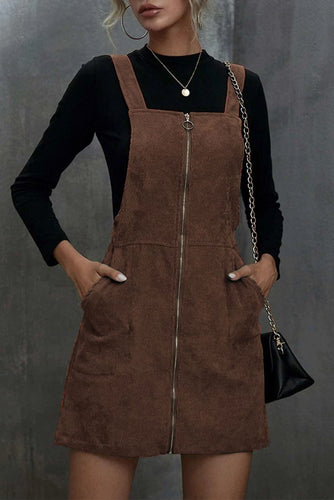 Brown Overall Dress with Pockets