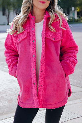 Pink Faux Suede Sherpa Patchwork Button-up Shacket