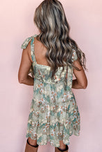 Load image into Gallery viewer, Green Floral Knotted Strap Smocked Tiered Mini Dress