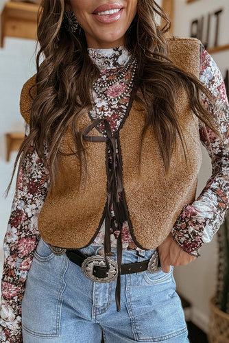 Beige Fleece Tie Front Vest - authentic country clothing from Working Bull