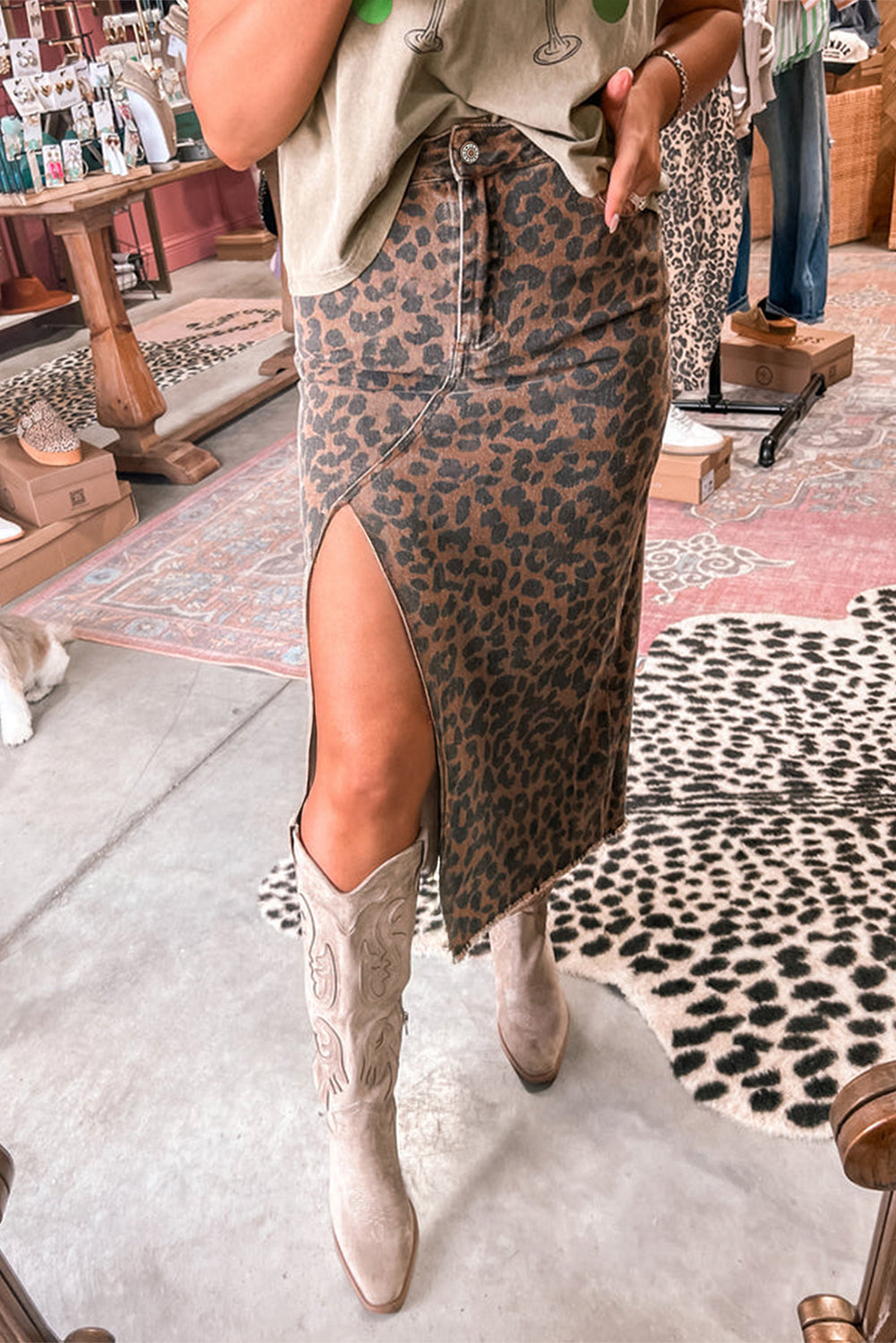 Brown Leopard Print Denim Skirt