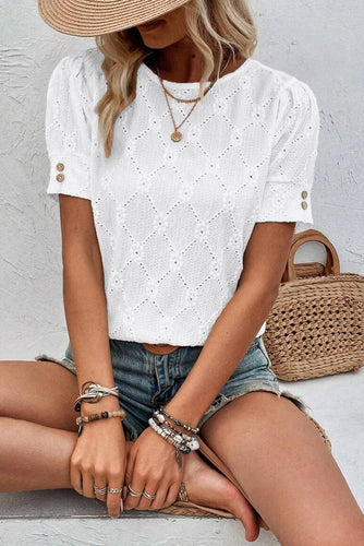 White Embroidered Floral Geometric Button Short Sleeve Top - authentic country fashion from Working Bull