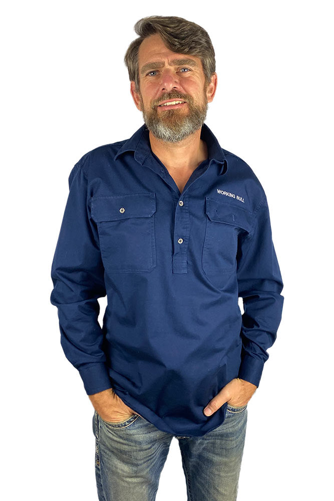 Pilbara Mens Workshirt Half button - Hardworking Navy